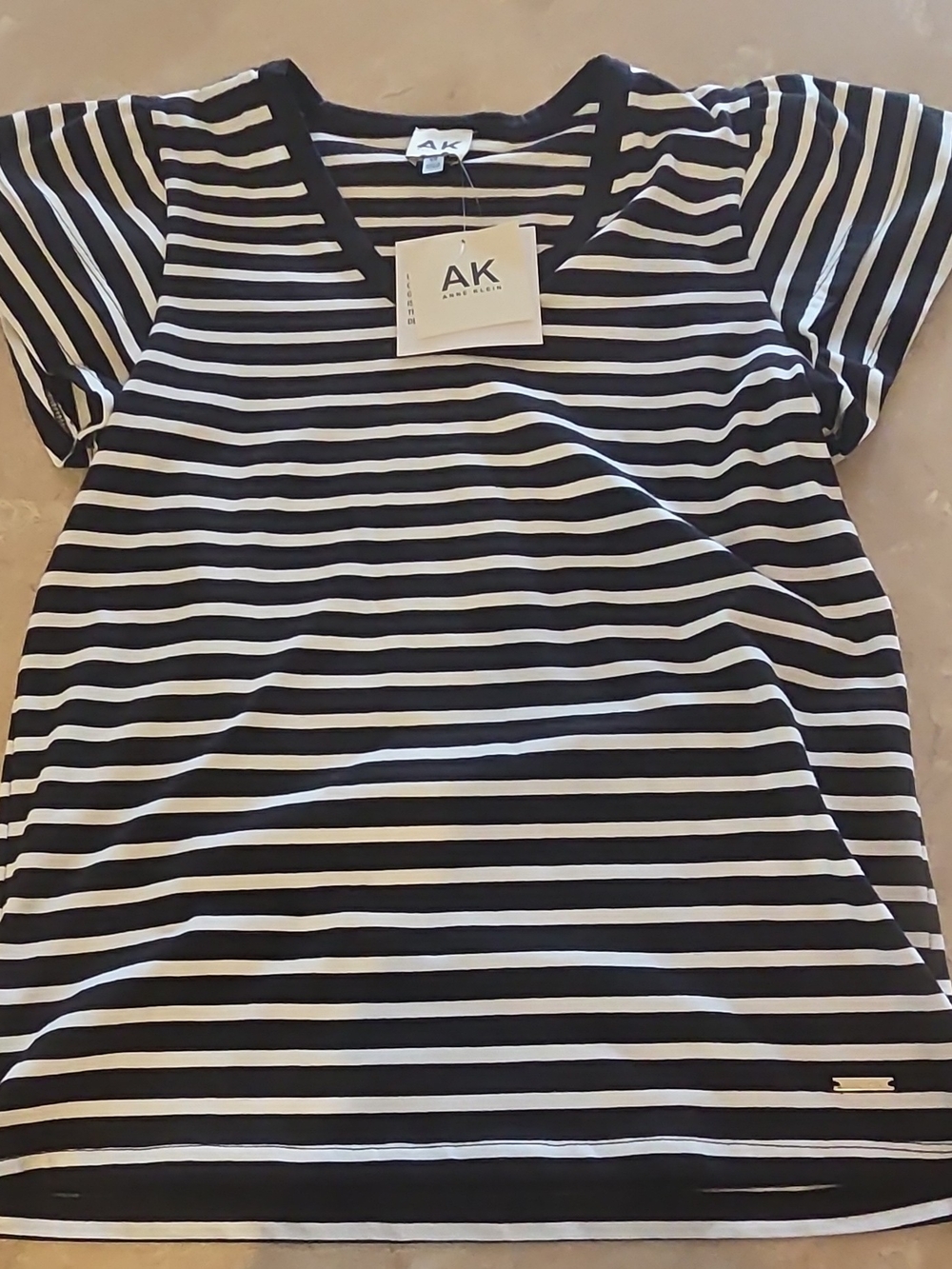 Anne Klein Black and White Striped V-Neck Tee